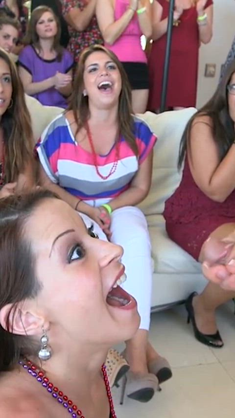 brunette cum cumshot facial jerk off public smile clip