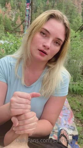blonde cumshot handjob outdoor clip