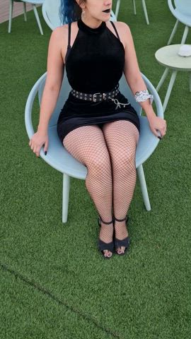 black dress feet fishnet goth public blue hair clip