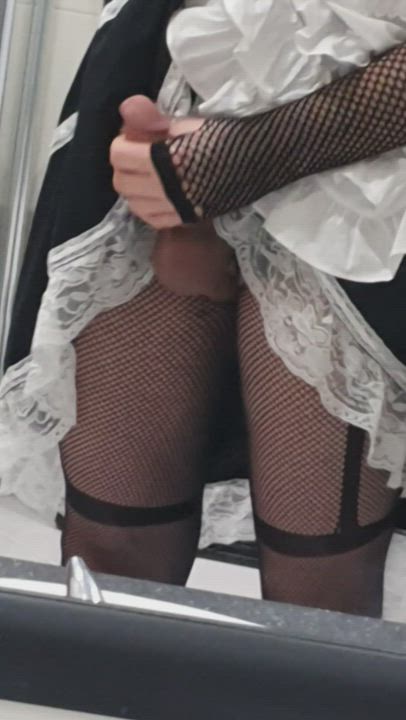 crossdressing femboy fishnet maid masturbating penis clip