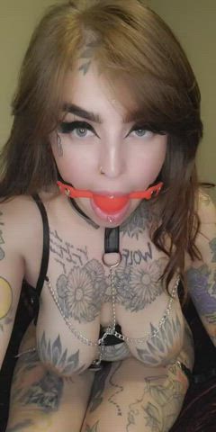 bdsm ball gagged leather lingerie milf tattoo teasing clip