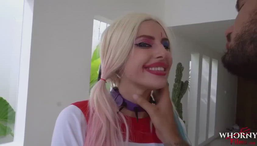 amateur cosplay eye contact harley quinn margot robbie reverse cowgirl slapping slave
