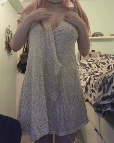 big tits bouncing tits choker cute dress redhead strip striptease tits clip