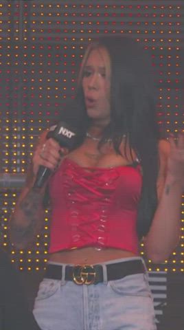 alt brunette cleavage natural tits tattoo tight wrestling clip