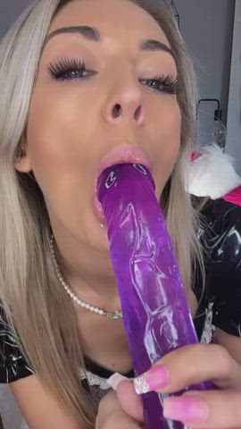 blowjob blue eyes dildo drooling facial spit sucking clip