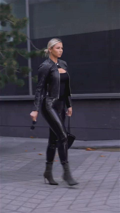 ass blonde glasses high heels leather model pants clip