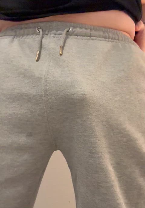 Grey sweatpants are there to be taken off