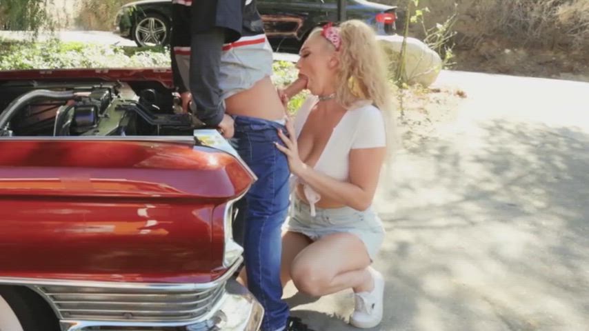 Busty blonde red lipstick blowjob