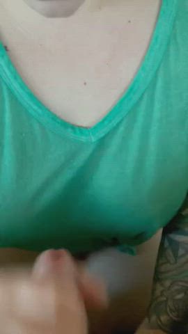 amateur brunette cum on tits cumshot handjob homemade nofacegirl pov clip