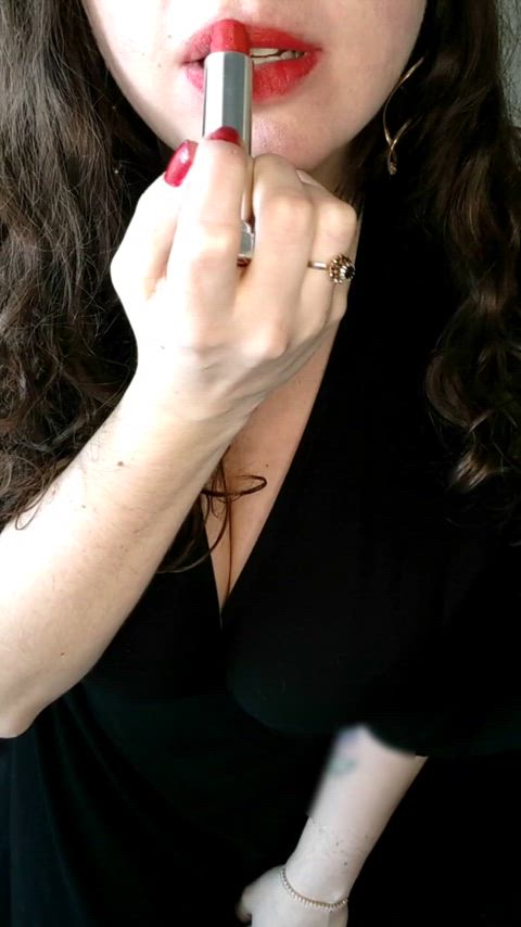 big tits brunette cleavage curly hair curvy hotwife huge tits lipstick lipstick fetish