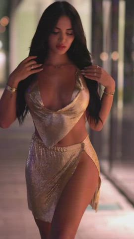 brunette dress fake tits goldie heels high heels solo clip