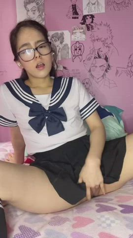 cute fingering glasses labia petite pussy schoolgirl teen tiny clip