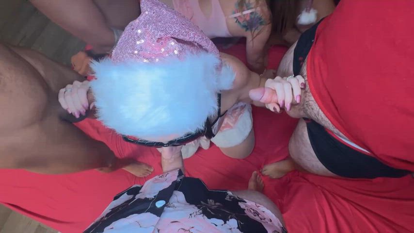 Christmas orgy! 9 guys versus 4 girls. I love those odds!
