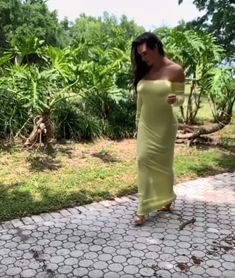 ass bimbo dress fake tits high heels long hair long legs model sideboob walking clip