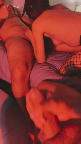 My boyfriend masturbates and watches while I suck his friendโs cock and he cums