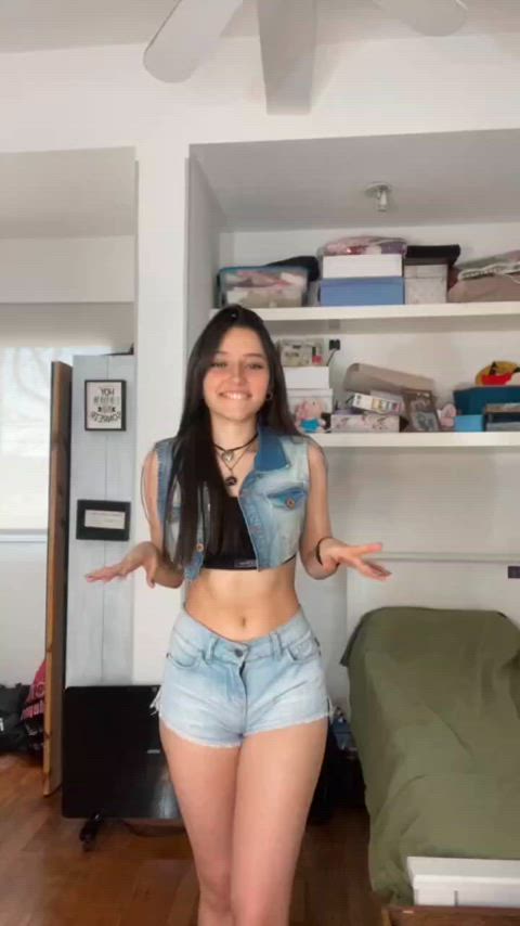 brunette jean shorts pale thick thighs belly legal-teens clip