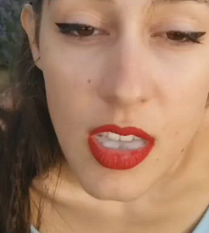 brunette lipstick swallowing clip