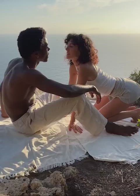Wife and lover kissing outside 