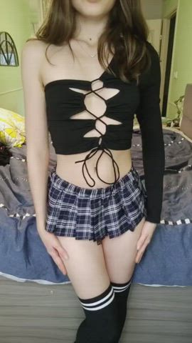 flashing knee high socks nsfw natural tits schoolgirl shaved pussy upskirt clip
