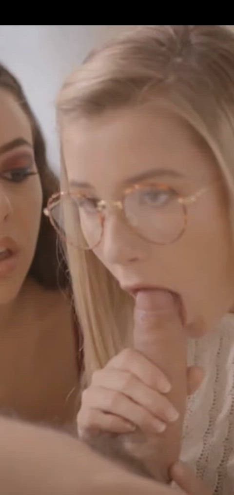 amateur blonde blowjob cute deepthroat ffm glasses teen threesome throat clip