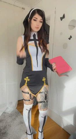 ass ass spread brunette cosplay costume fishnet nun onlyfans thong clip
