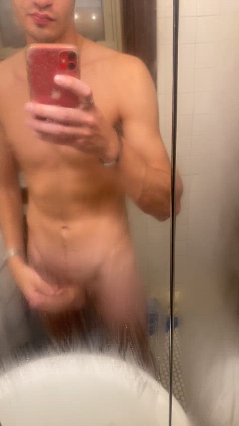 male masturbation masturbating mirror shower uncut clip