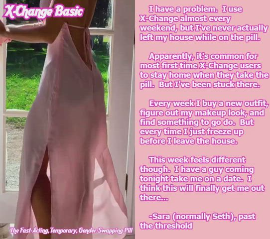 beautiful brunette caption cleavage dress pretty xchange sissycaption x-change clip